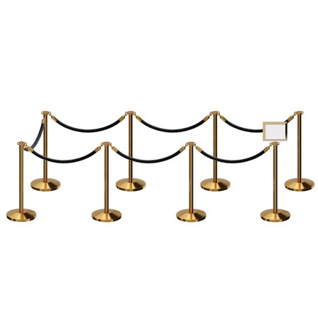 MONTOUR LINE Stanchion Post and Rope Kit Pol.Brass, 8FlatTop 7Blk Rope 8.5x11H Sign C-Kit-7-PB-FL-1-Tapped-1-8511-H-7-ER-BK-PB